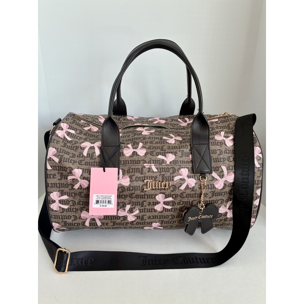 JUICY COUTURE~Simply Sweet Weekender Duffel Bag~ Dark Brown W/Pink Bows Charm🎀